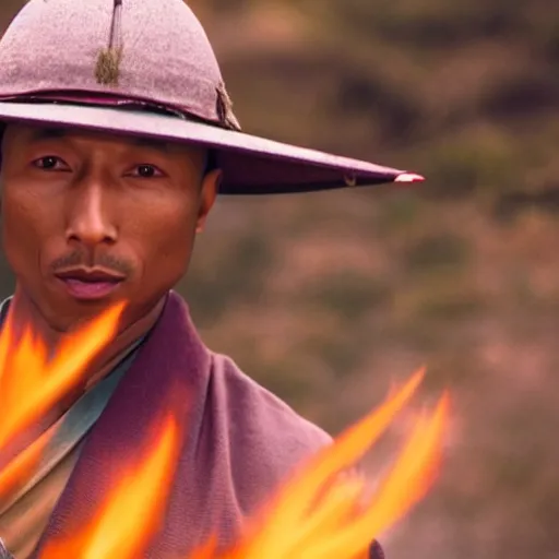 Image similar to cinematic film still Pharrell Williams starring as a Samurai holding fire, Japanese CGI, VFX, 2003, 40mm lens, shallow depth of field,film photography