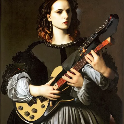 Image similar to Anna Calvi playing electric guitar by Caravaggio and James Jean