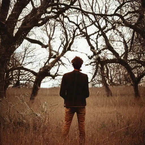 Image similar to kodak portra 1 6 0 photograph of a skinny guy standing in field of dead trees, flower crown, back view, moody lighting, moody vibe, telephoto, 9 0 s vibe, blurry background, tranquil, calm, faded!,