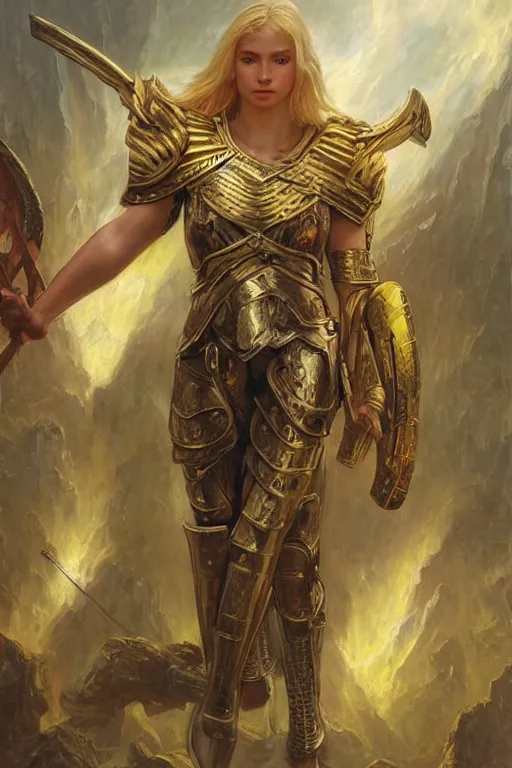 Image similar to a beautiful valkyrie , half body portrait, blond hair, heavy gold armour, realistic oil painting by Thomas Cole and Wayne Barlowe and Boris Valejo