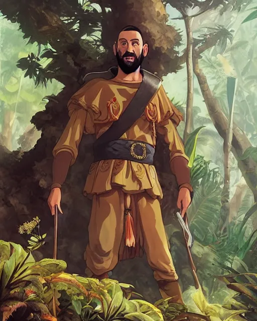 Prompt: portrait of karim benzema as a spanish conquistador in a jungle, by nicola saviori, peter mohrbacher and dan mumford, studio ghibli color scheme, highly detailed, rim light, cinematic lighting, illustration, art, octane render, very coherent, cinematic, hyper realism, high detail, 8 k