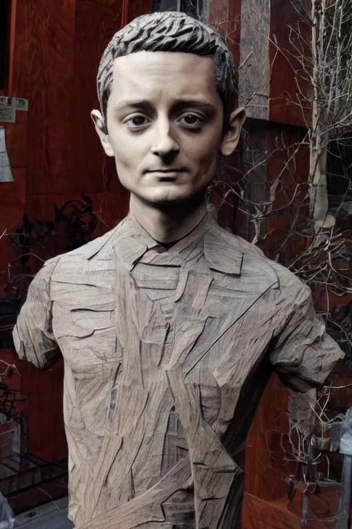 Prompt: wooden statue of elijah wood