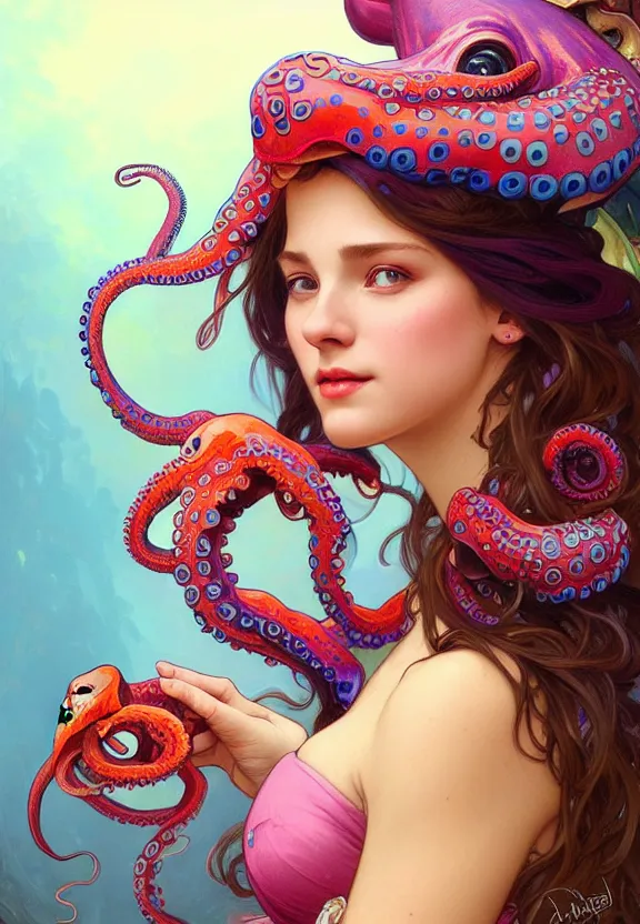 Prompt: portrait of a beautiful woman wearing a colourful octopus as a hat, fantasy, intricate, elegant, highly detailed, digital painting, artstation, concept art, smooth, 8 k, sharp focus, illustration, art by artgerm and greg rutkowski and alphonse mucha