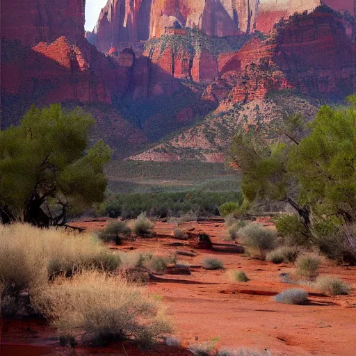 Image similar to zion national park painted by jeremy mann