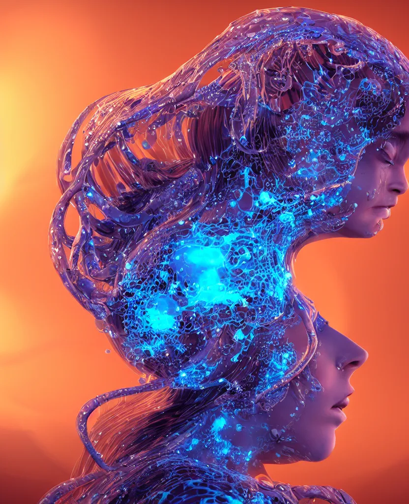 Image similar to close-up macro portrait of the face of a beautiful princess, epic angle and pose, symmetrical artwork, 3d with depth of field, blurred background, cybernetic jellyfish female face skull phoenix bird, translucent, nautilus, energy flows of water and fire. a highly detailed epic cinematic concept art CG render. made in Maya, Blender and Photoshop, octane render, excellent composition, cinematic dystopian brutalist atmosphere, dynamic dramatic cinematic lighting, aesthetic, very inspirational, arthouse. y Greg Rutkowski, Ilya Kuvshinov, WLOP, Stanley Artgerm Lau, Ruan Jia and Fenghua Zhong