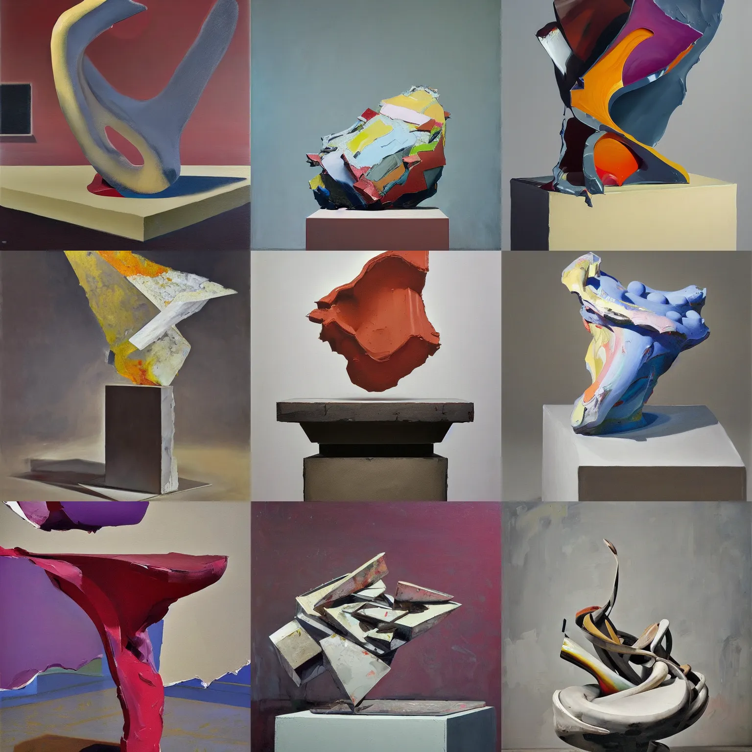 Prompt: ultrafine detailed painting of a huge messy sculpture on top of a plinth, biomorphic, still life by julian schnabel and john chamberlain, tonalism, oil on canvas, surrealist painting, wikiart, behance, conceptual art