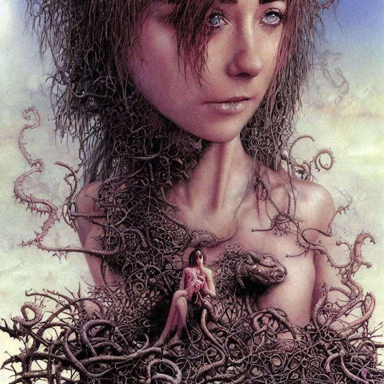 Image similar to cute young alyson hannigan with short hairs in lovecraftian jungles by luis royo and wayne barlowe, beksinski