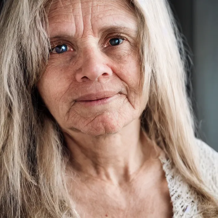 Prompt: portrait photograph of an extremely beautiful!!!! Older female , symmetric face!, symmetric round detailed eyes!!, slight smile, natural light, wearing a intricate dress!! Dusty blonde hair. . Bright brown eyes. in a kitchen. . looking at the camera!!. super resolution. Extremely detailed. Graflex camera!, bokeh!!!!! trending on artstation.