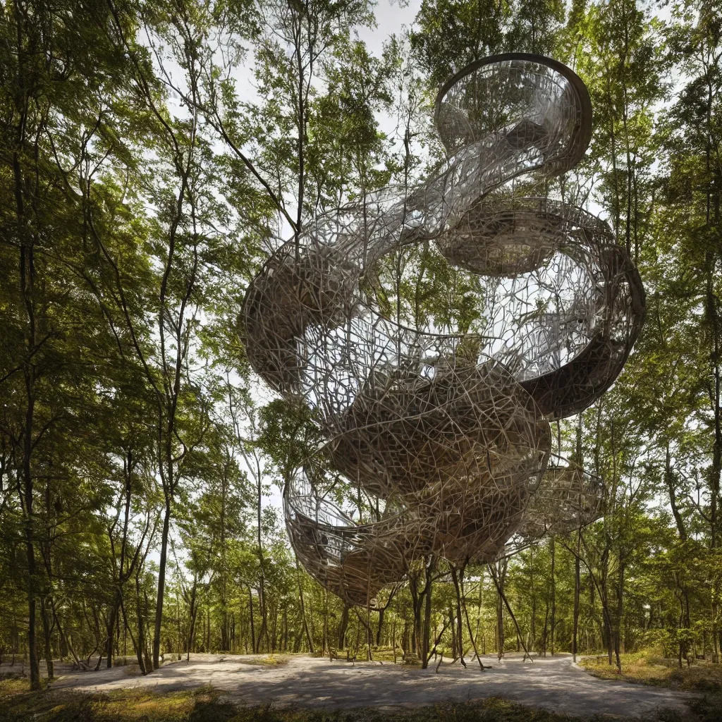 Prompt: Hyper realistic, helix shaped observation tower made by corten in forest, Future design, wide angle shot, architecture design, parametric architecture, covers by textile, environment, morning light, Cinematography, mega scans, cinematic, hyper realistic, photo real, cinematic composition, highly detailed, vray, 8k render