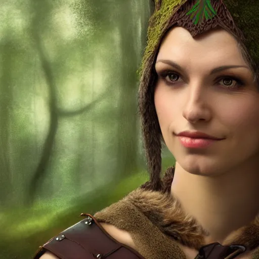 Prompt: anya charlota as a medieval fantasy wood elf, dark purplish hair tucked behind ears, wearing a green tunic with a fur lined collar and brown leather armor, stocky, muscular build, scar across nose, one black, scaled arm, cinematic, character art, digital art, forest background, realistic. 4 k