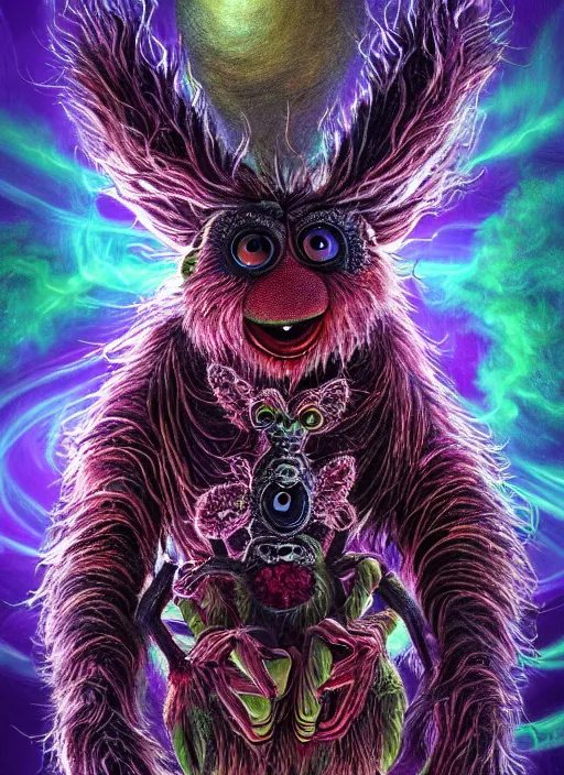 Prompt: a high quality photo of a strange insectoid muppet god with furry fuzzy body and many segmented legs and hypnotic eyes, lightning in the background, absurdist fantasy, sharp focus, vibrant, vivid, symmetry, highly detailed, cinematic, intricate lines, concept art by giger, lisa frank, matt groening