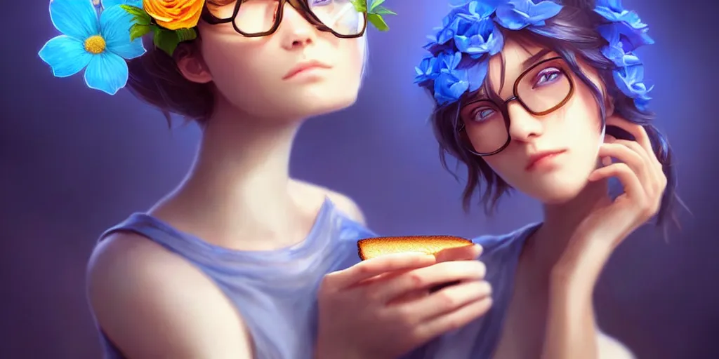 Image similar to epic professional digital art of a bread toast!!! wearing 👓!!!! and a blue flower!!!!, best on artstation, cgsociety, wlop, cosmic, epic, stunning, much detail, much wow, masterpiece, backlight