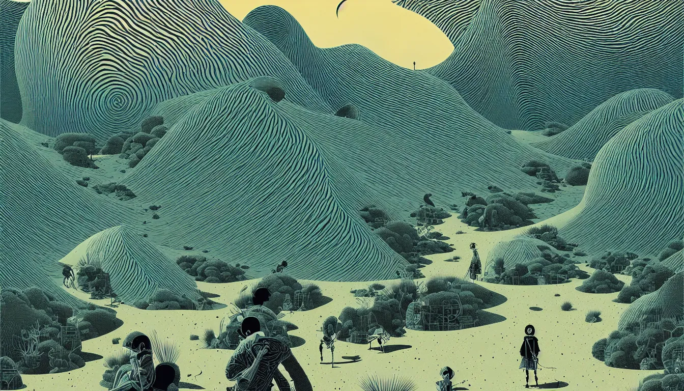 Prompt: desert dunes by balmy enso, jamie hewlett, nicolas delort, moebius, victo ngai, josan gonzalez, kilian eng