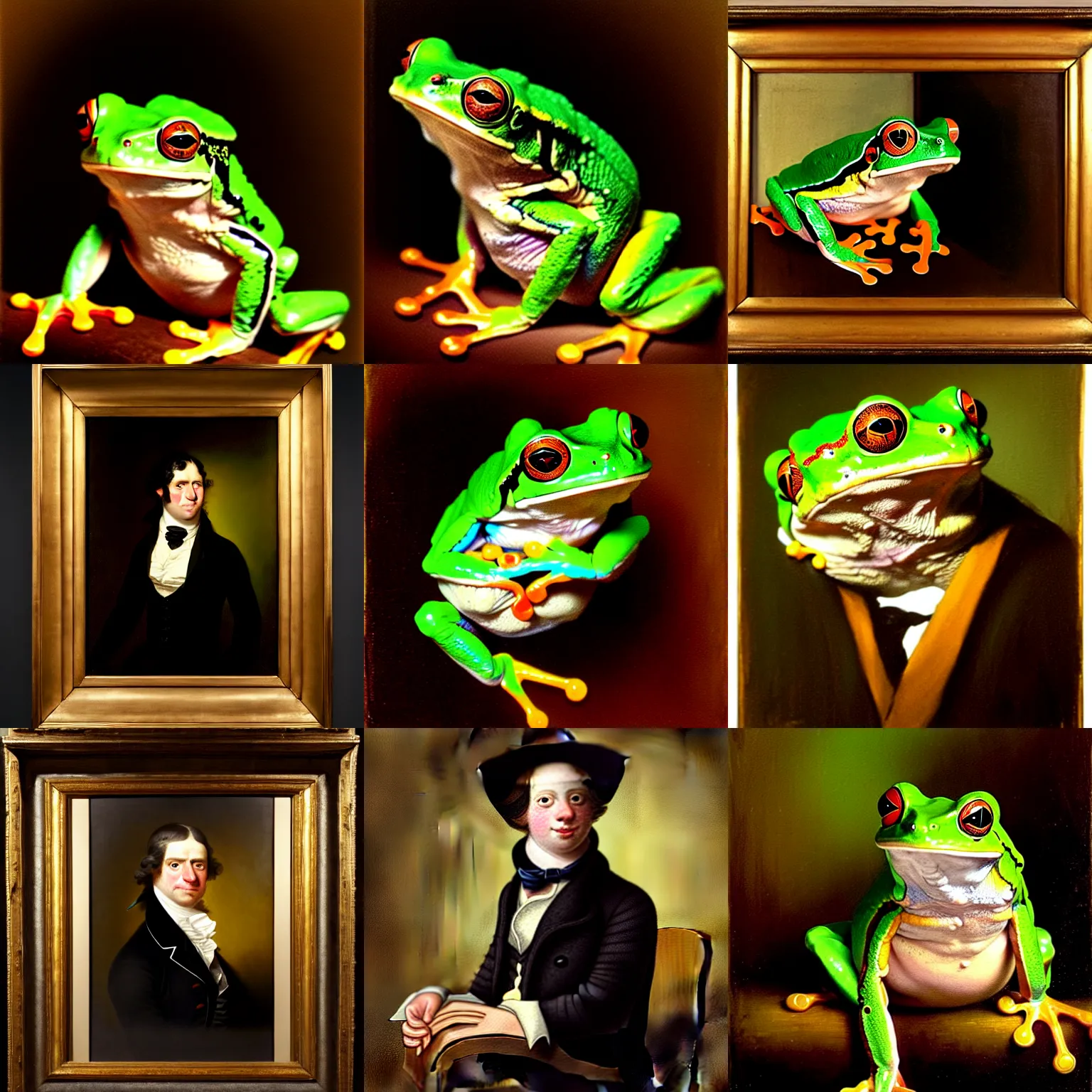 Prompt: a portrait painting of an amazon tree frog wearing a black waistcoat, an american romanticism painting by john trumbull, a portrait painting, cgsociety, soft focus