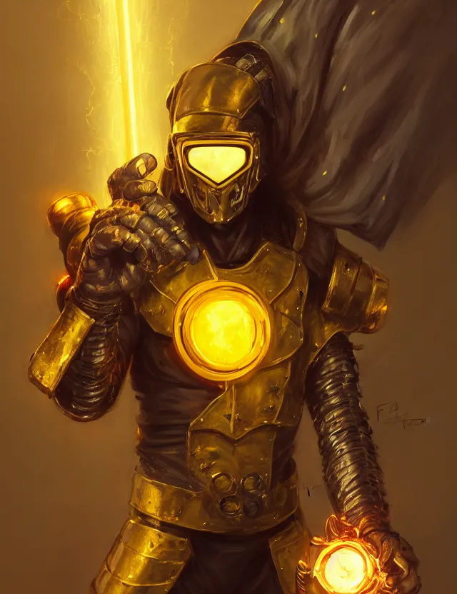 Image similar to a masked cyberpunk warrior in golden armour with a glowing golden gauntlet, surrounded by crackling golden lightning and energy, by frank fazetta and peter mohrbacher, trending on artstation, digital art, 4 k resolution, detailed, high quality, sharp focus, hq artwork, coherent, insane detail, concept art, character concept, character full body portrait