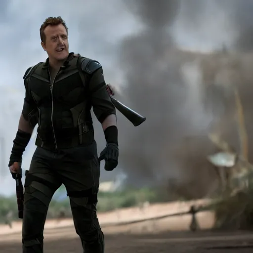 Image similar to film still of Jason Segel playing Hawkeye in The Avengers, 4k