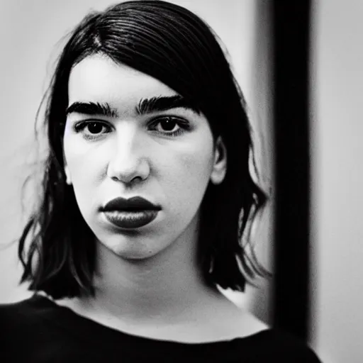 Image similar to photo of Dua Lipa by Diane Arbus, black and white, high contrast, Rolleiflex, 55mm f/4 lens