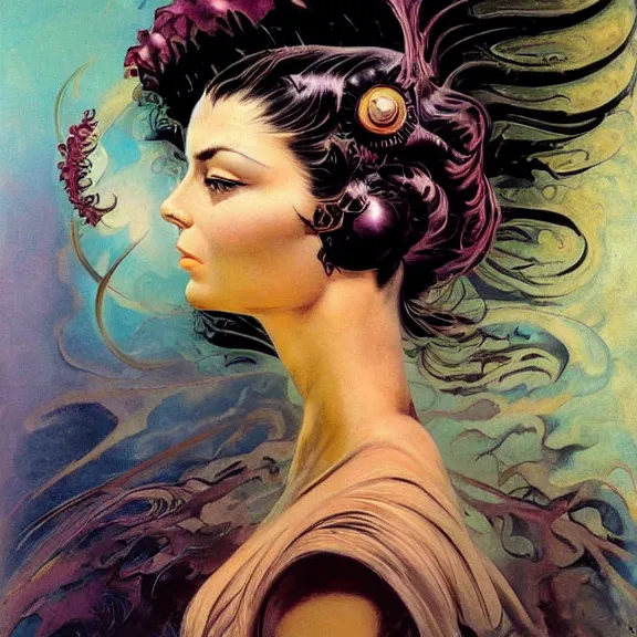 Image similar to portrait of a woman with swirling hair and fractal skin by frank frazetta, retrofuturism, psychedelic art reimagined by industrial light and magic