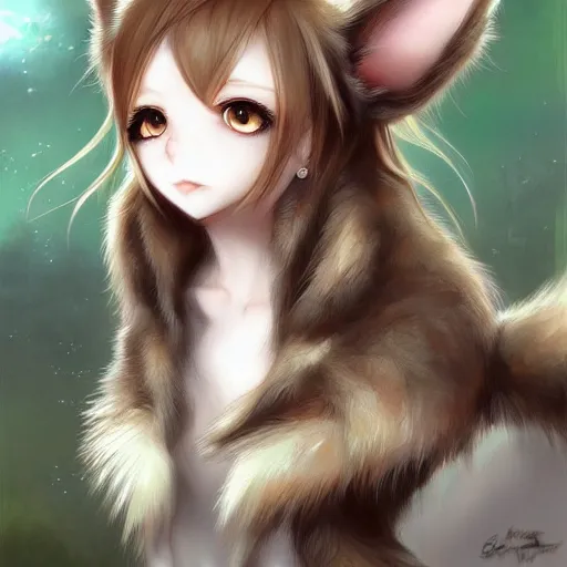 Image similar to cute anthropomorphic bunny, green eyes, light brown fur, anime, wlop, artgerm, royo