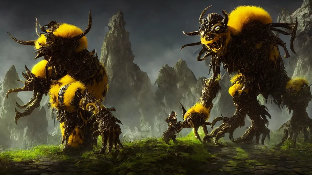 Image similar to giant bumblebee goblin, fantasy artwork, very very very beautiful scenery, hd, hdr, ue5, ue6, unreal engine 5, cinematic 4k wallpaper, 8k, ultra detailed, high resolution, artstation, award winning