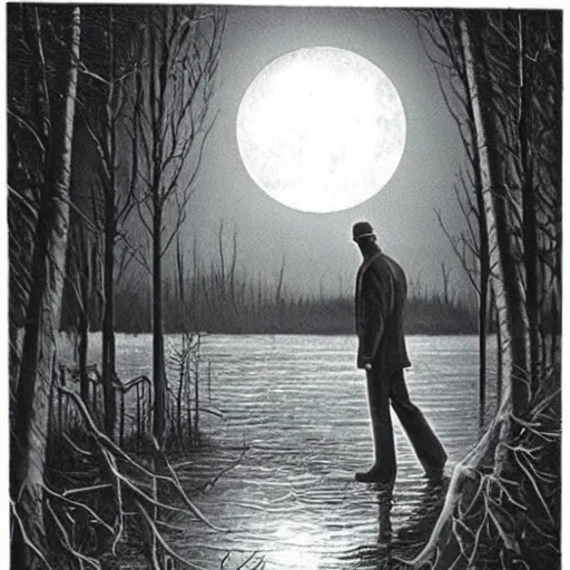 Prompt: phantasm's the tall man standing by a lake at night, spooky, scary, horror, highly detailed