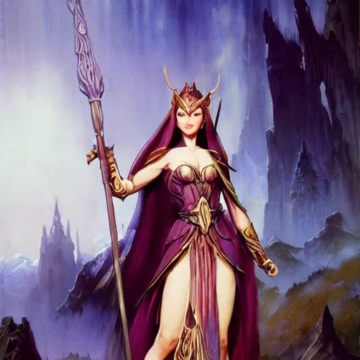 Prompt: elven princess character portrait by frank frazetta - wearing a dress, holding a staff, fantasy, dungeons & dragons, sharp focus, beautiful, artstation contest winner, detailed