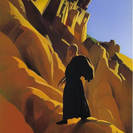 Image similar to sienna portrait of the astute monk crimson and sienna robe ascending the treacherous mountain stairway to the monastery jamie wyeth james gilleard edward hopper oil painting