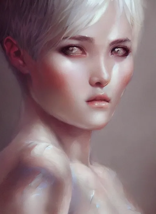 Image similar to girl with short white hair, beautiful highly detailed face, beautiful painting by artgerm and greg rutkowski and raymond swanland