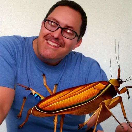 Prompt: a person next to a giant cockroach