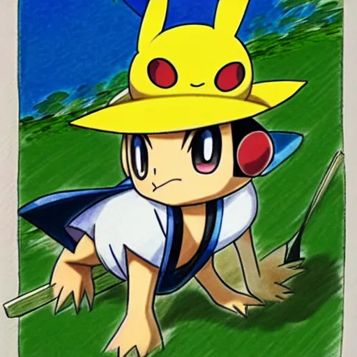 Image similar to Pichu Pokemon anime wearing a straw hat by Ken Sugimori, ink on paper, show-accurate