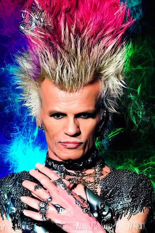Image similar to portrait billy idol dressed in fantasy fashion, new wave, psychedelia, shiny metal, standing in a desert