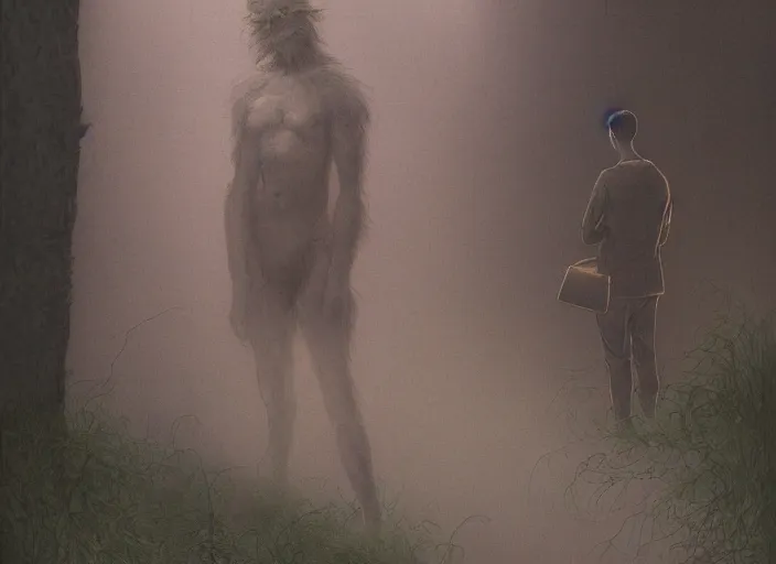 Prompt: portrait of man and sasquatch outside office building, cynical realism, painterly, yoshitaka amano, miles johnston, moebius, beautiful lighting, miles johnston, klimt, tendrils, in the style of, louise zhang, victor charreton, james jean, two figures, terrence malick screenshots, ghibli screenshot