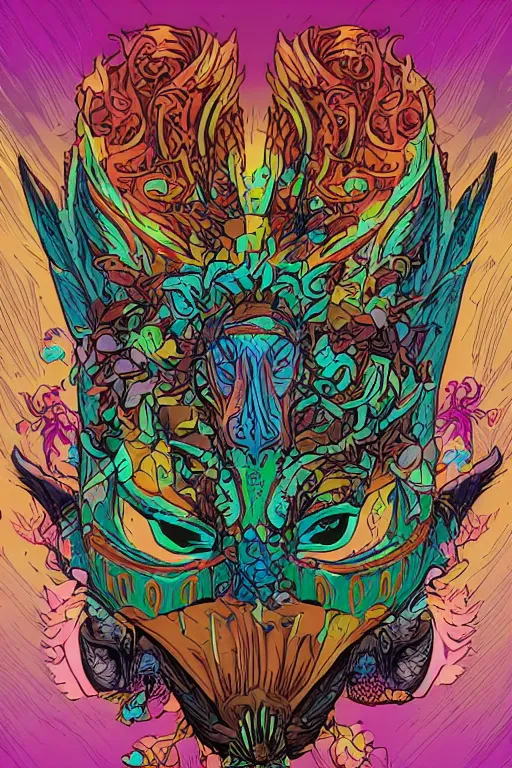 Image similar to animal mask totem roots flower tribal feather gemstone plant wood rock shaman vodoo video game vector cutout illustration vivid multicolor borderlands comics by josan gonzales and dan mumford radiating a glowing aura