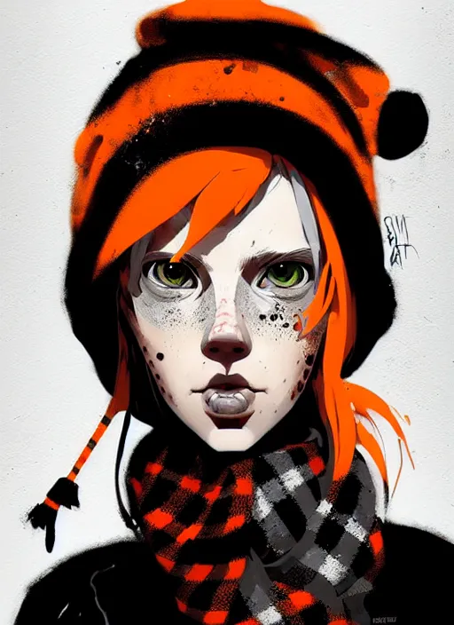 Prompt: highly detailed portrait of a sewer punk lady student, freckles, beanie cap, tartan scarf, white hair by atey ghailan, by greg rutkowski, by greg tocchini, by james gilleard, by joe fenton, by kaethe butcher, gradient, orange, black, brown and cream color scheme, grunge aesthetic!!! white graffiti tag wall background