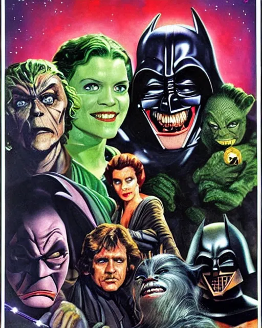 Prompt: a classic Star Wars Return of the Jedi movie poster with Batman, the Joker, the Green Goblin, and Catwoman