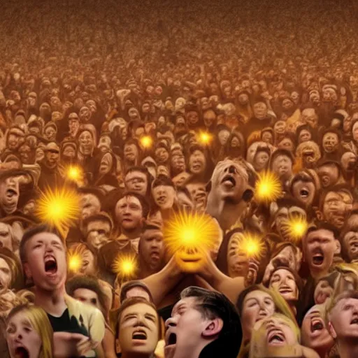 Prompt: donald trump as the sun looking over a field of screaming teenagers. digital painting, high detail, 8 k, film still