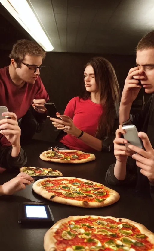 Prompt: apes checking their cell phones editorial photograph, dark lighting, glowing screens, indoor Pizza Hut