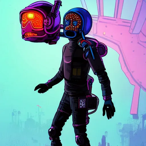 Image similar to in the style of max prentis and deathburger and laurie greasley a young mixed race male explorer wearing a cyberpunk headpiece who is standing on a giant robot head, highly detailed, 8k wallpaper, adventure time colour palette