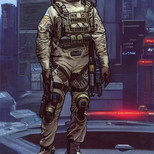 Image similar to Vernon. USN special forces futuristic recon operator, cyberpunk military hazmat suit, on patrol in the Australian autonomous zone, deserted city skyline. 2087. Concept art by James Gurney and Alphonso Mucha