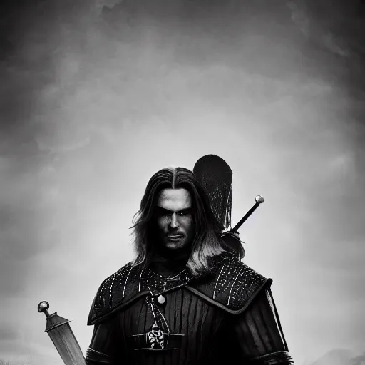 Prompt: mickey mouse as the witcher, cinematic, dark, sharp focus, black and white, highly detailed, portrait