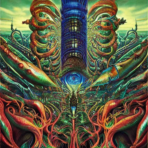 Prompt: lurid eldritch radiating town fractal shimmering phantasm, by h. r. giger and esao andrews and maria sibylla merian, pop art, synthwave, cubist