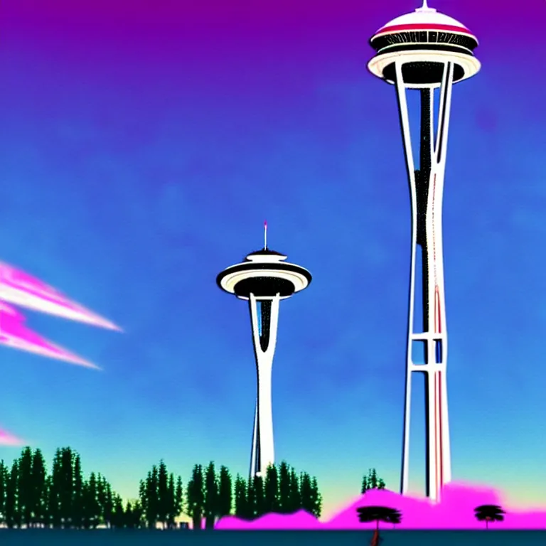 Prompt: a beautiful and balanced vaporwave scene depicting outrun and the space needle