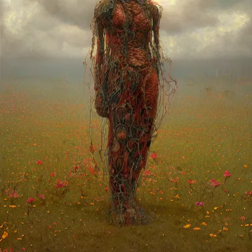 Image similar to A woman wearing clothes made out of thunder clouds and flowers, giant monsters walking in the distance, red skin, Masterpiece, glowing, wires everywhere, by Edgar Maxence and Ross Tran, Zdzisław Beksiński, and Michael Whelan, distant, gustav dore, H.R. Giger, 8k, octane render