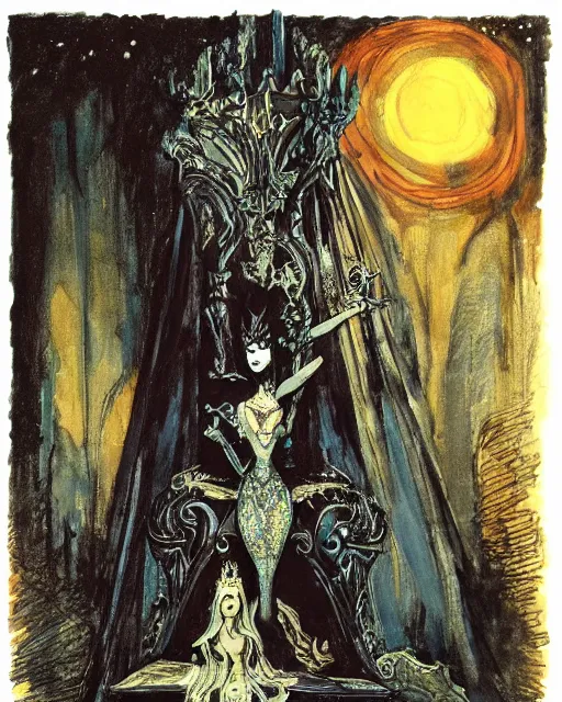 Image similar to an illustration of a dark queen on a throne at night by marc davis and by gustave moreau, realistic, gouache, painting