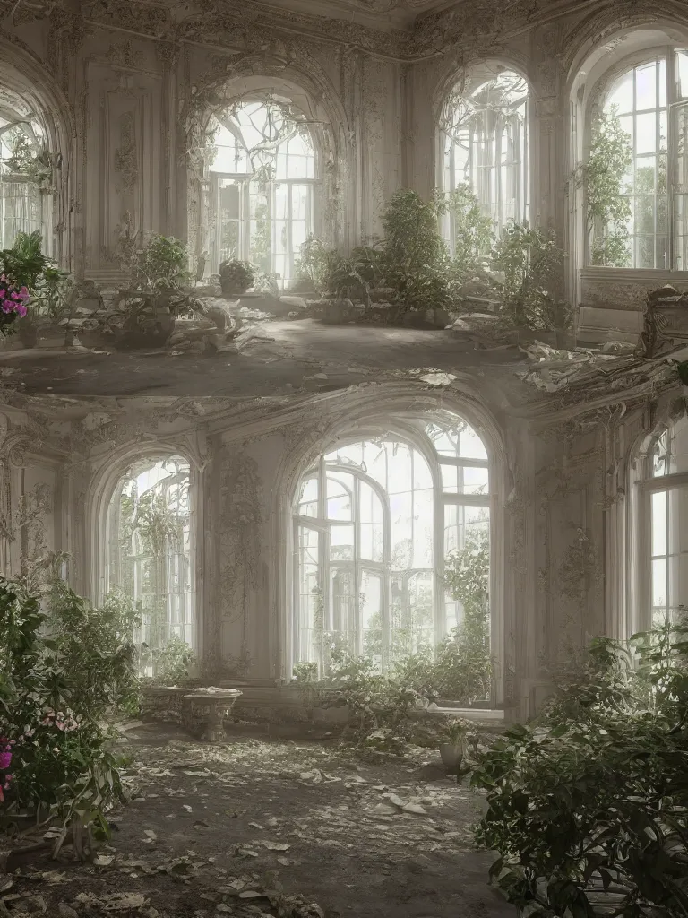 Prompt: an abandoned rococo salon, with flowers and plants, drapery, Dramatic, 8K, Lonely, Natural Lighting, god rays, super detailed, intricate, Octane render