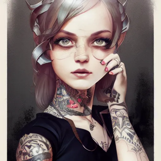 Image similar to enchanting bar maid, tattoos, black t - shirt, black skirt, detailed portrait, intricate complexity, by greg rutkowski, artgerm, ross tran, conrad roset, takato yomamoto, ilya kuvshinov. 4 k, beautiful, cinematic dramatic atmosphere