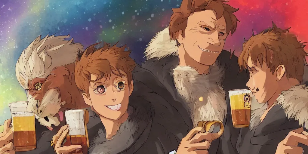 Image similar to a two german shepherds beast - men, holding a mug of beer, a lot of pockets, fur cape, tavern background, magical, bright, colorful, fantastic lighting, amazing details, 4 k uhd, illustration by hayao miyazaki and makoto shinkai and ilya kuvshinov, artstation, pixiv,