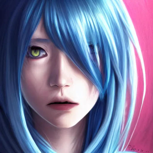 Image similar to drawing of rimuru tempest, sky blue straight hair, long bangs, with amber eyes, wearing a black jacket, high collar, ultra detailed, brush strokes, skin texture, digital painting, cinematic, wlop artstation, closeup, pixiv, eerie, scary, intimidating glare, evil, junji ito, yoshitaka amano