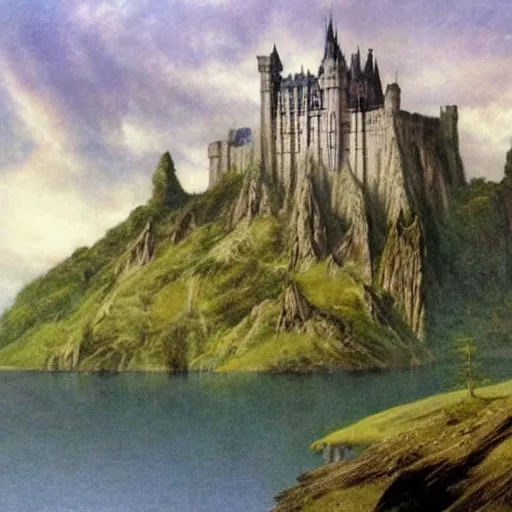 Prompt: 🏰🌄🏞️🌳🌲🌳🌲, George RR Martin, JRR Tolkien, Alan Lee, Frank Frazetta, Irish castle on an island in a lake