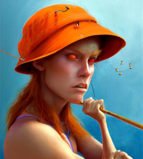 Image similar to muscular female angler, perfect face, bucket hat, orange halter top, ginger hair, abs, cinematic, blush, stunning, athletic, strong, agile, highly detailed, psychedelic, digital painting, artstation, smooth, hard focus, illustration, art by jessica rossier and and brian froud